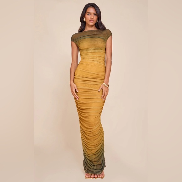 PrettyLittleThing Dark Ochre Ombre Lined Mesh Ruched Midaxi Dress - Picture 1 of 7